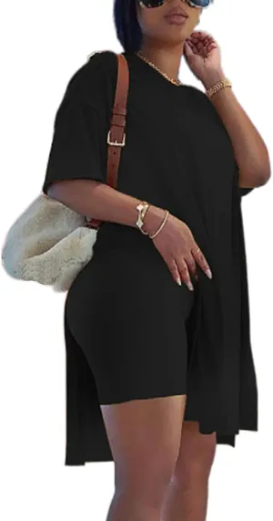 qfmqkpi Women’s Casual 2 Piece Outfits V Neck Side Split Tops and Shorts Set Tracksuit