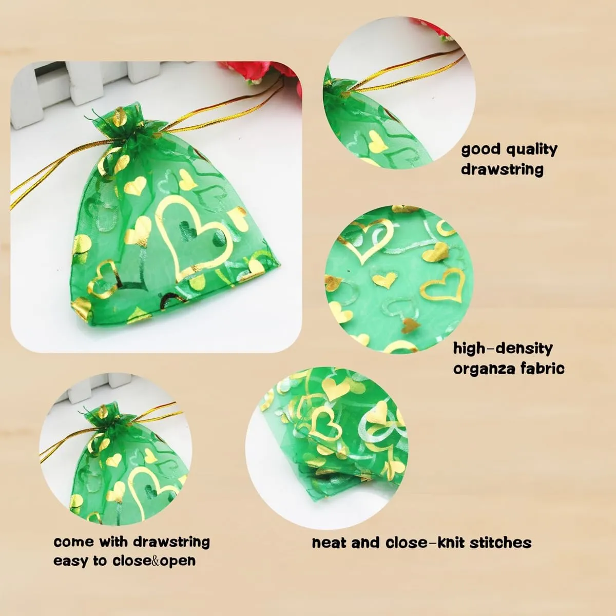 QIANHAILIZZ 100 pcs 3.5 x 4.7 Inch Flower Heart Organza Jewelry Gift Pouch Candy Pouch Drawstring Wedding Favor Bags X92 (green gold heart)