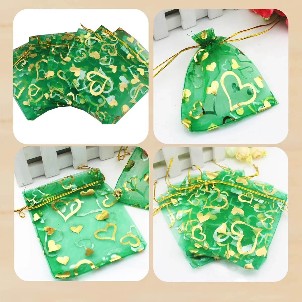 QIANHAILIZZ 100 pcs 3.5 x 4.7 Inch Flower Heart Organza Jewelry Gift Pouch Candy Pouch Drawstring Wedding Favor Bags X92 (green gold heart)
