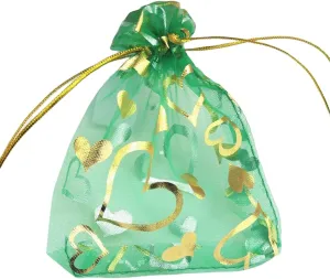QIANHAILIZZ 100 pcs 3.5 x 4.7 Inch Flower Heart Organza Jewelry Gift Pouch Candy Pouch Drawstring Wedding Favor Bags X92 (green gold heart)