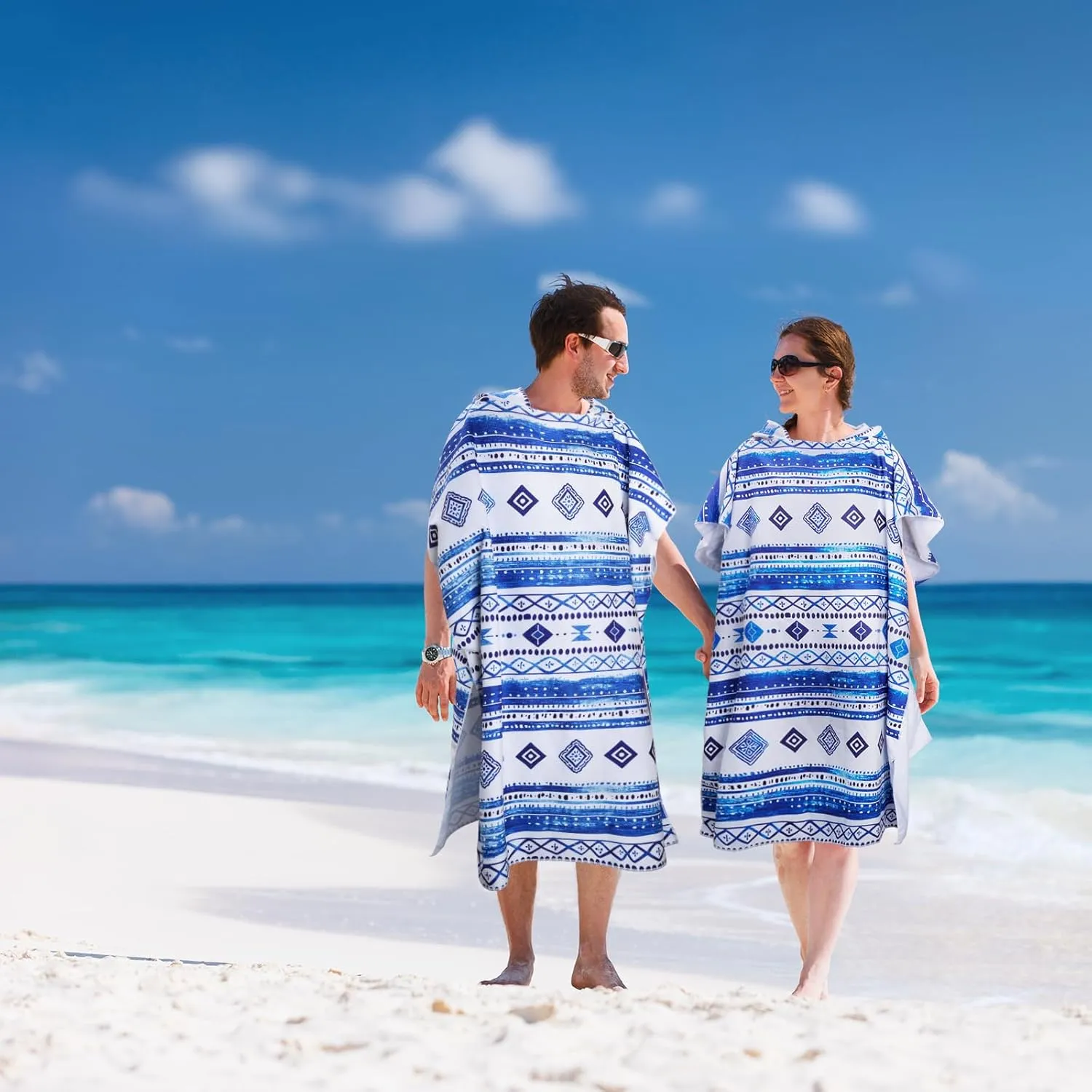 Queenshin Oversized Blue Boho Hooded Beach Towel, Quick Dry Microfiber Adults Poncho Changing Pool Towel Robe 35 x 40 inch