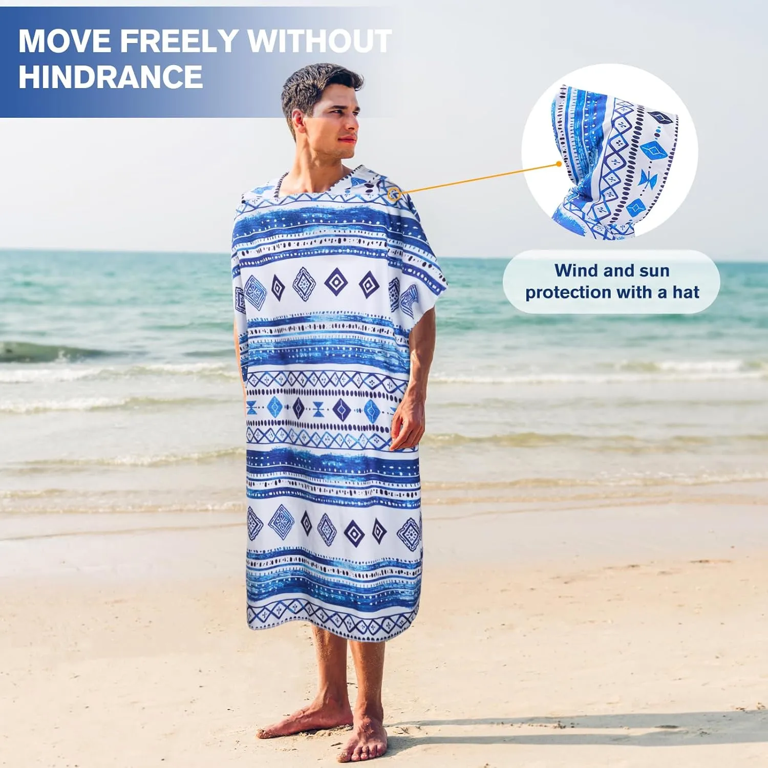 Queenshin Oversized Blue Boho Hooded Beach Towel, Quick Dry Microfiber Adults Poncho Changing Pool Towel Robe 35 x 40 inch