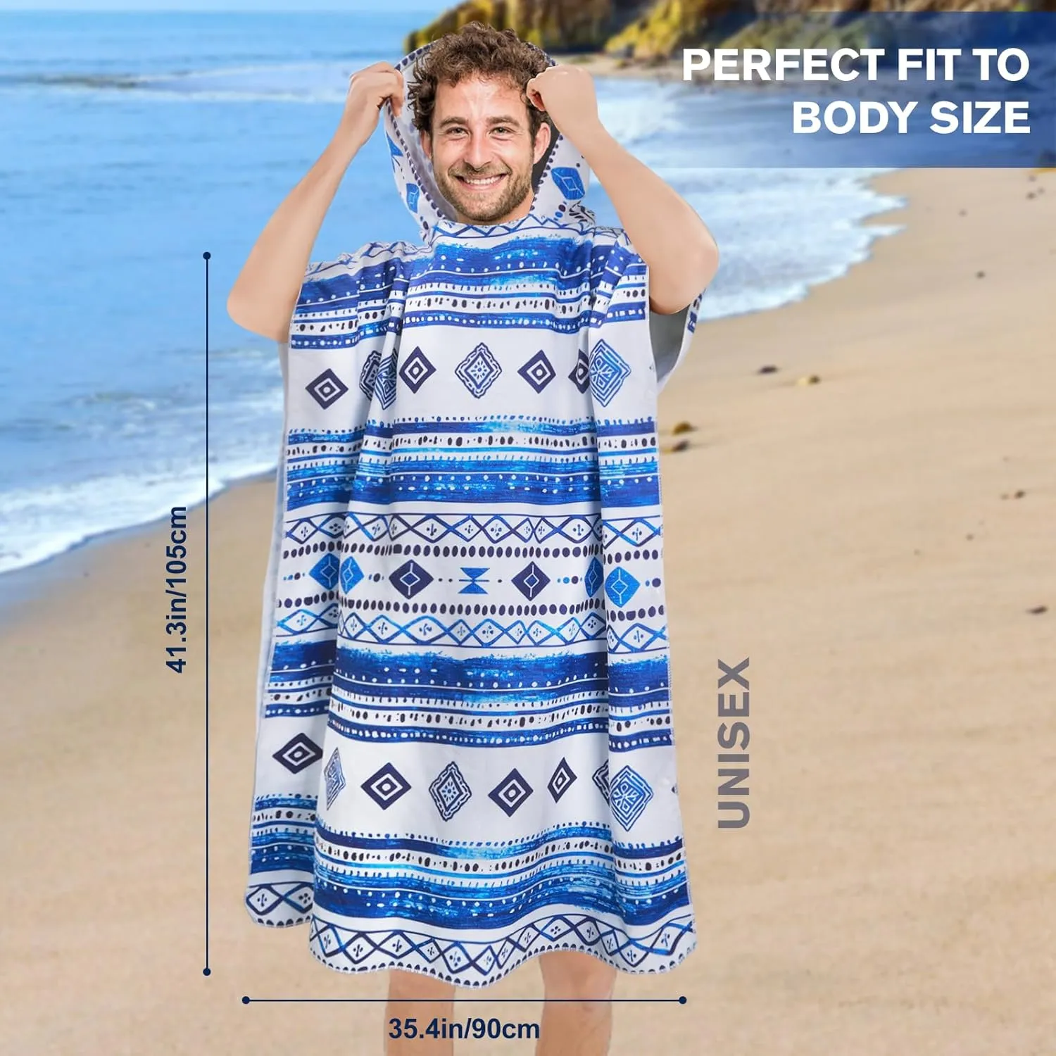 Queenshin Oversized Blue Boho Hooded Beach Towel, Quick Dry Microfiber Adults Poncho Changing Pool Towel Robe 35 x 40 inch