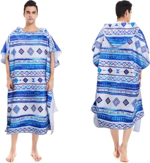 Queenshin Oversized Blue Boho Hooded Beach Towel, Quick Dry Microfiber Adults Poncho Changing Pool Towel Robe 35 x 40 inch