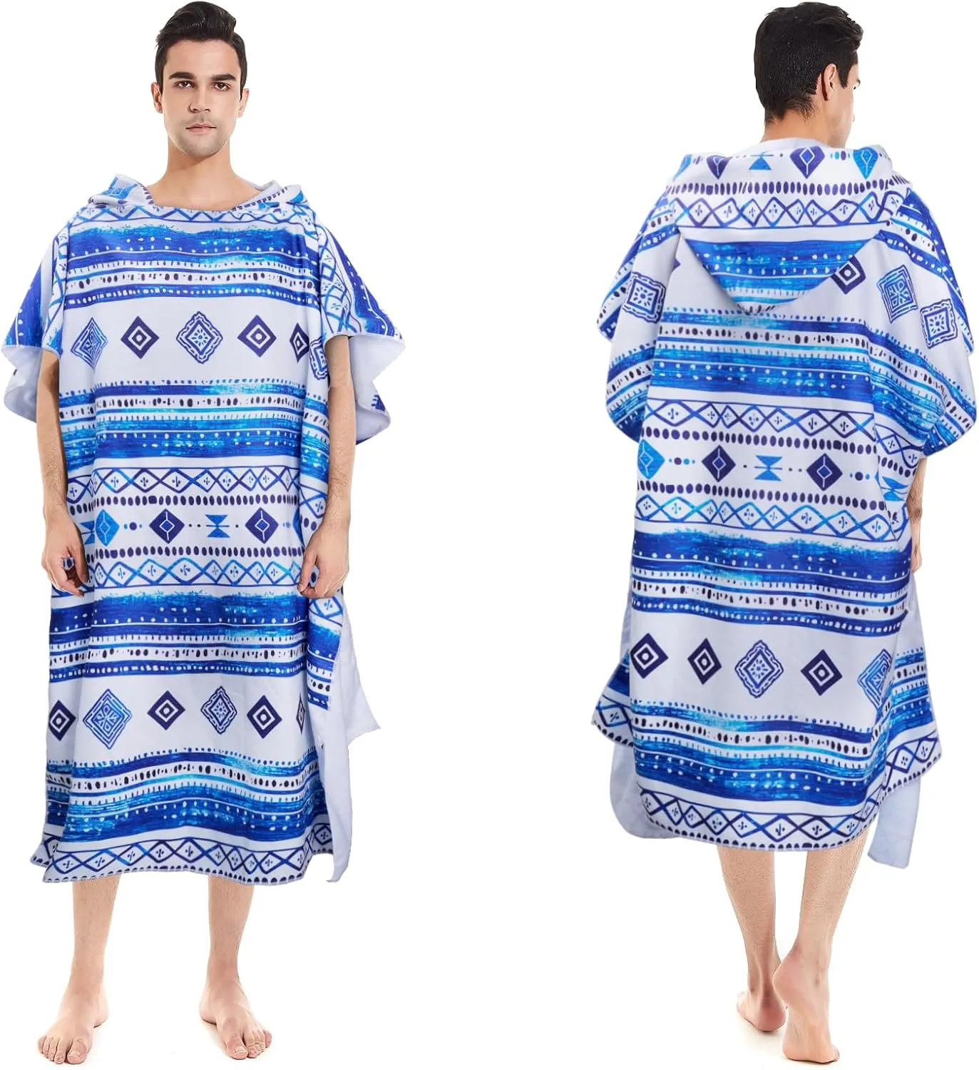 Queenshin Oversized Blue Boho Hooded Beach Towel, Quick Dry Microfiber Adults Poncho Changing Pool Towel Robe 35 x 40 inch