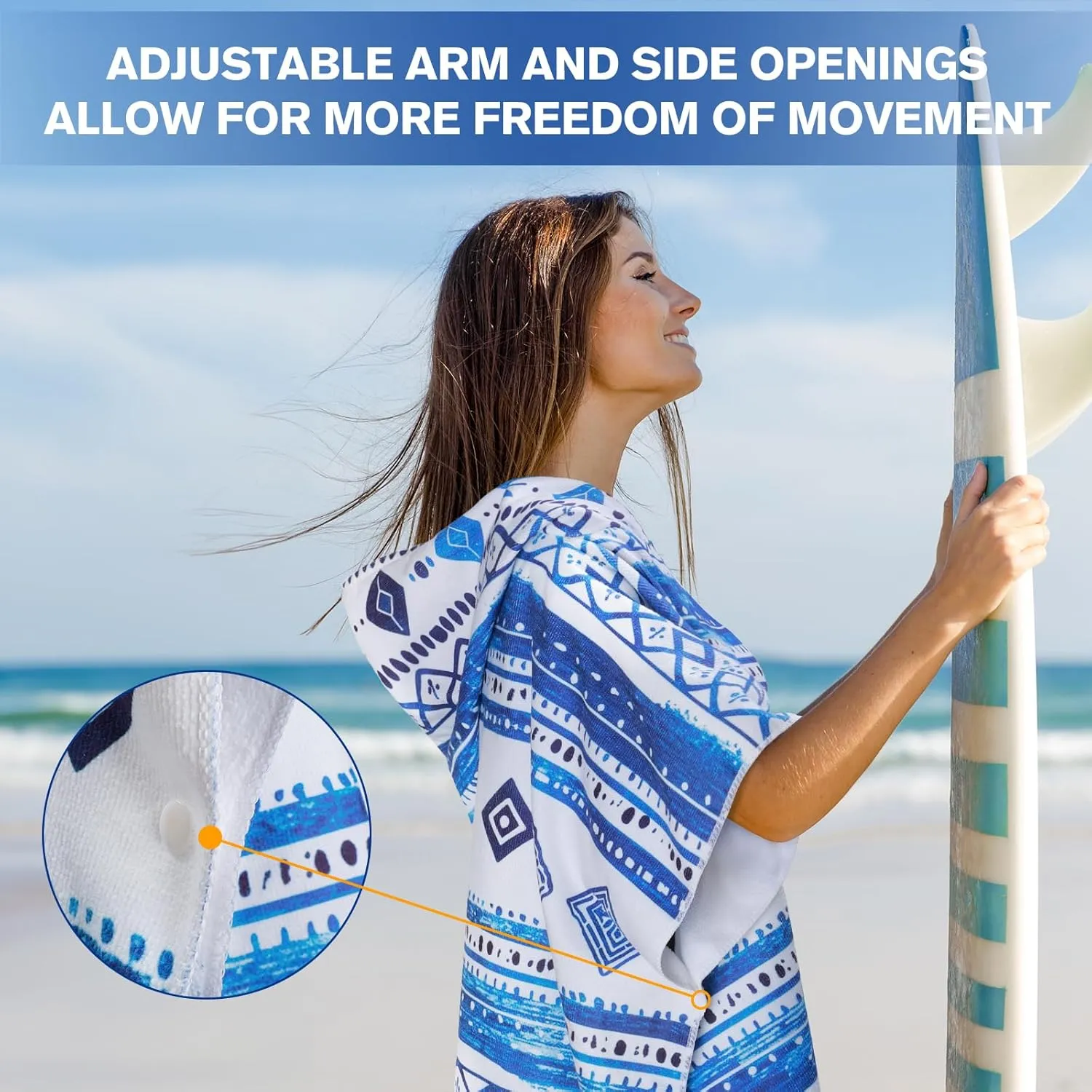 Queenshin Oversized Blue Boho Hooded Beach Towel, Quick Dry Microfiber Adults Poncho Changing Pool Towel Robe 35 x 40 inch