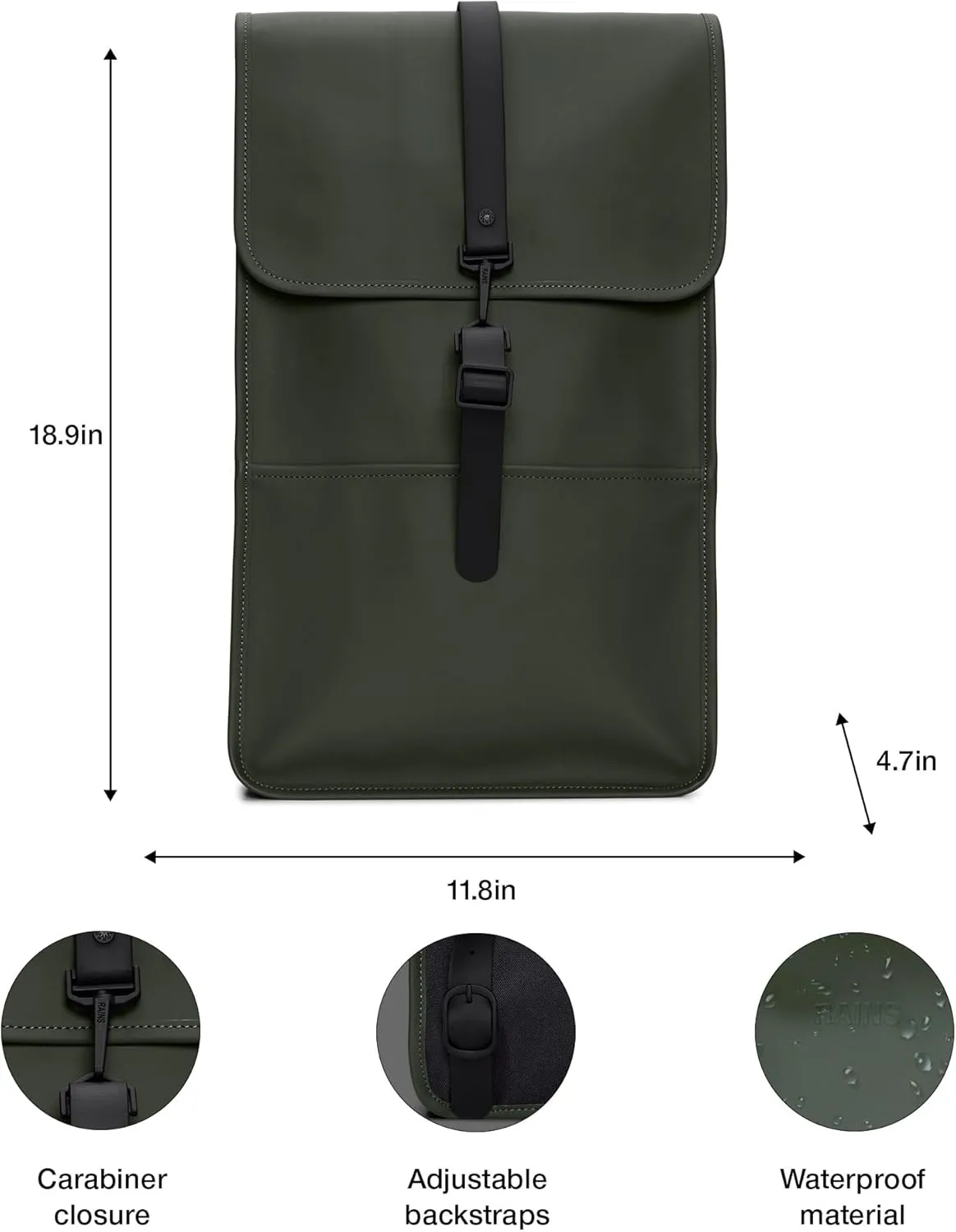RAINS Backpack for Women and Men - Fits 15" Laptop - Water Resistant Rucksack - (Green, One Size)