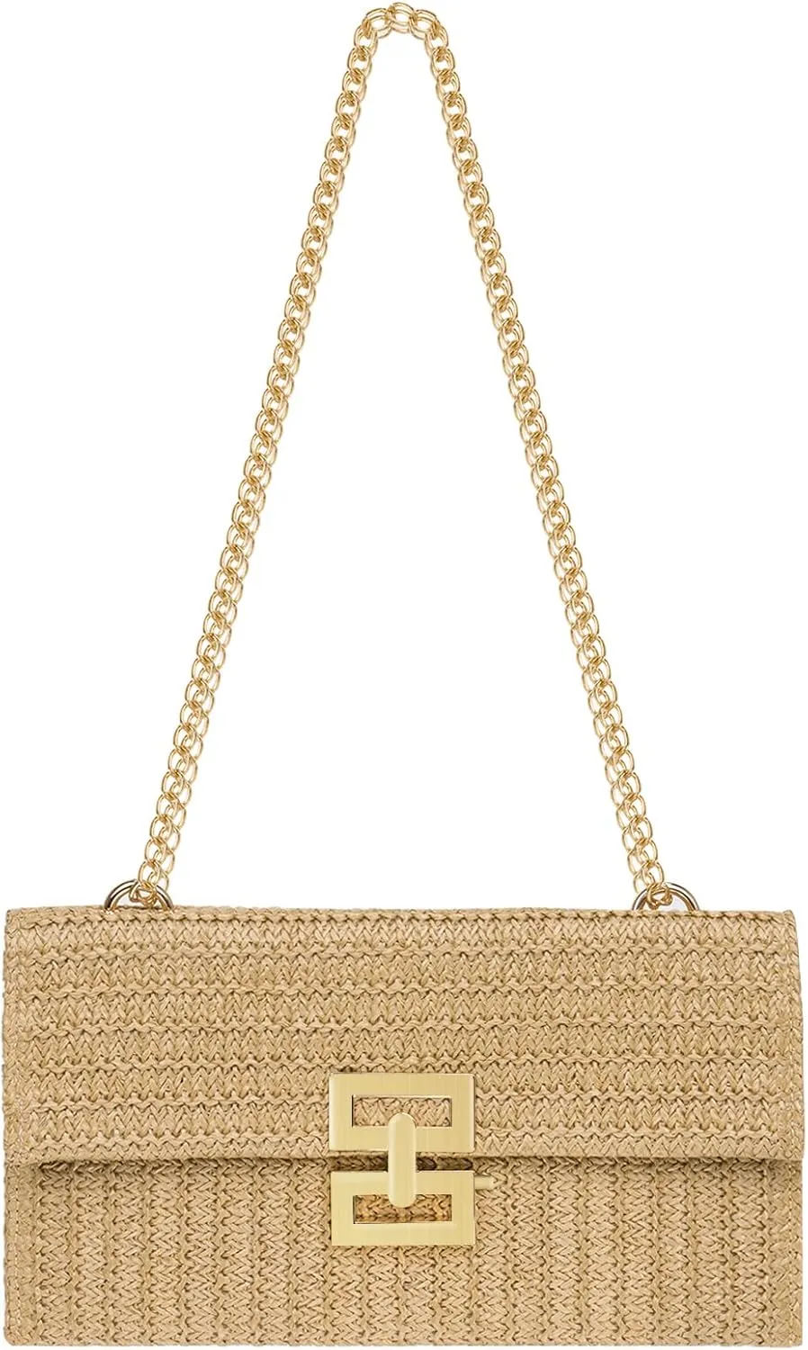 Rancco Straw Clutch Purses for Women, Woven Purse with Detachable Strap Hardware Buttom Closure for Beach Vacations, Parties, Romantic Dates, Rattan Purse for Shoulder Crossbody, 10.4x6.1x0.6inch