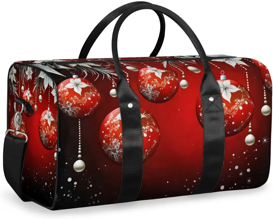 Red Christmas Tree Ball Travel Duffel Bag for Women Men Waterproof Foldable Overnight Weekender Bag Large Capacity Sports Gym Bag