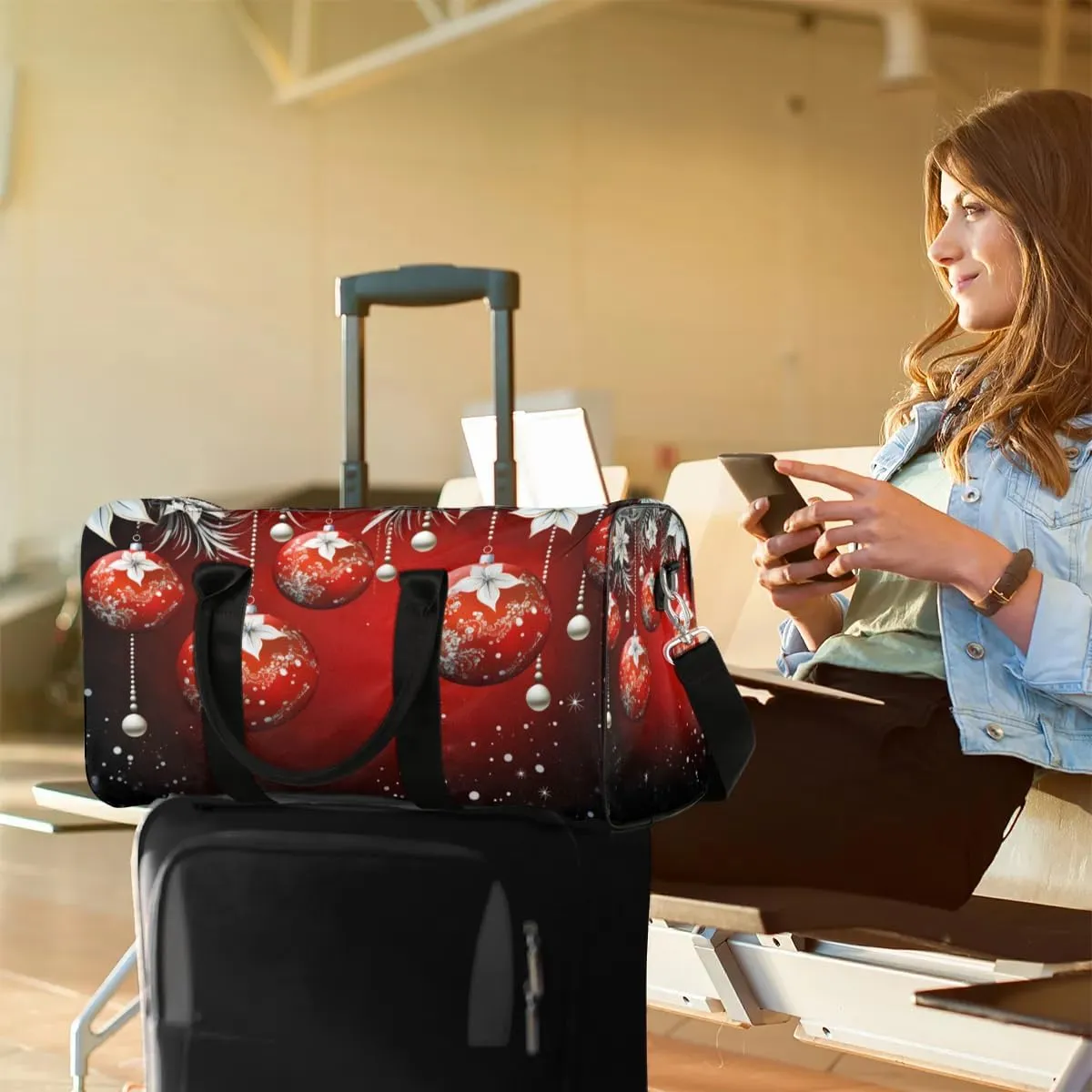 Red Christmas Tree Ball Travel Duffel Bag for Women Men Waterproof Foldable Overnight Weekender Bag Large Capacity Sports Gym Bag