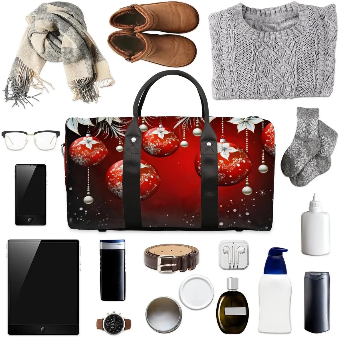 Red Christmas Tree Ball Travel Duffel Bag for Women Men Waterproof Foldable Overnight Weekender Bag Large Capacity Sports Gym Bag