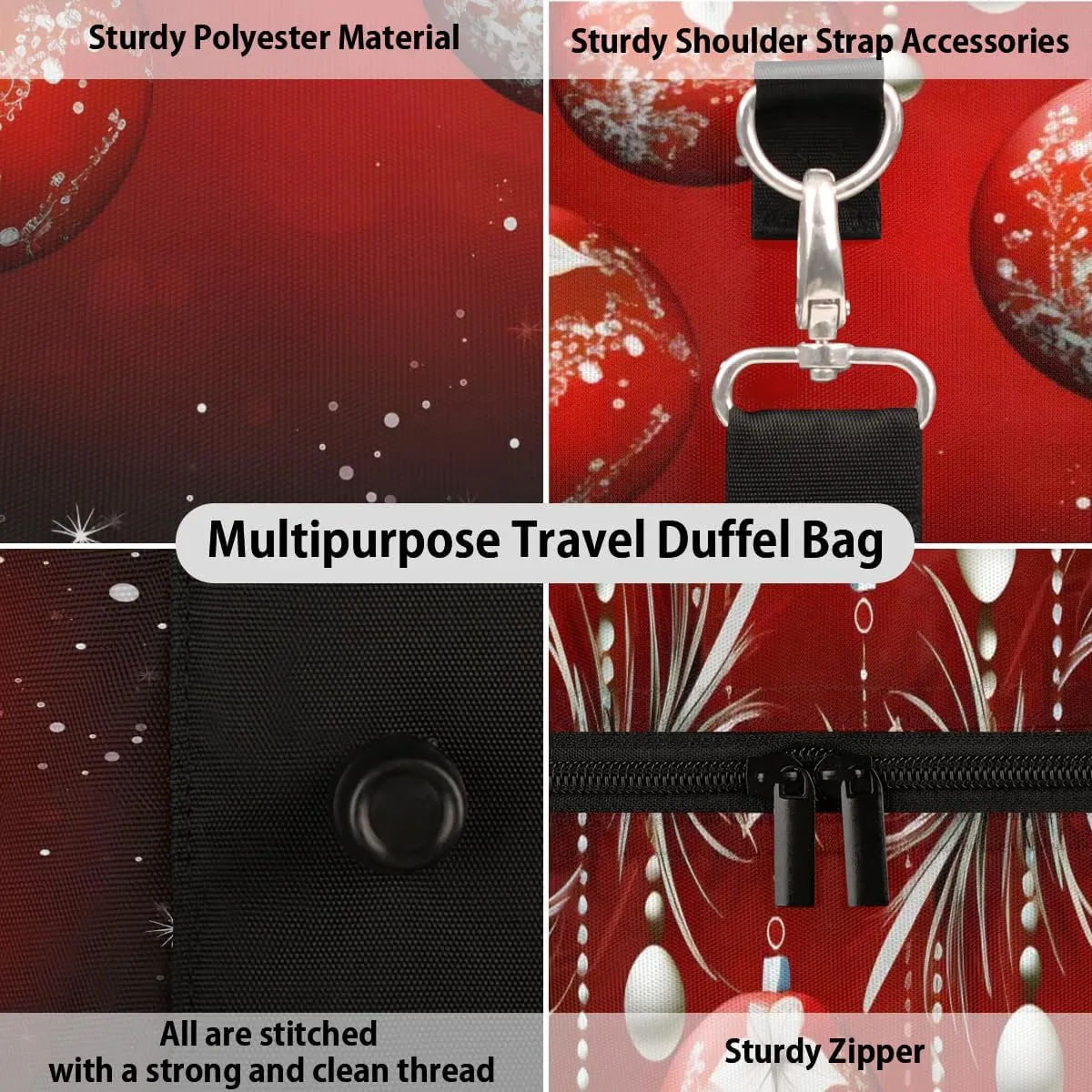 Red Christmas Tree Ball Travel Duffel Bag for Women Men Waterproof Foldable Overnight Weekender Bag Large Capacity Sports Gym Bag