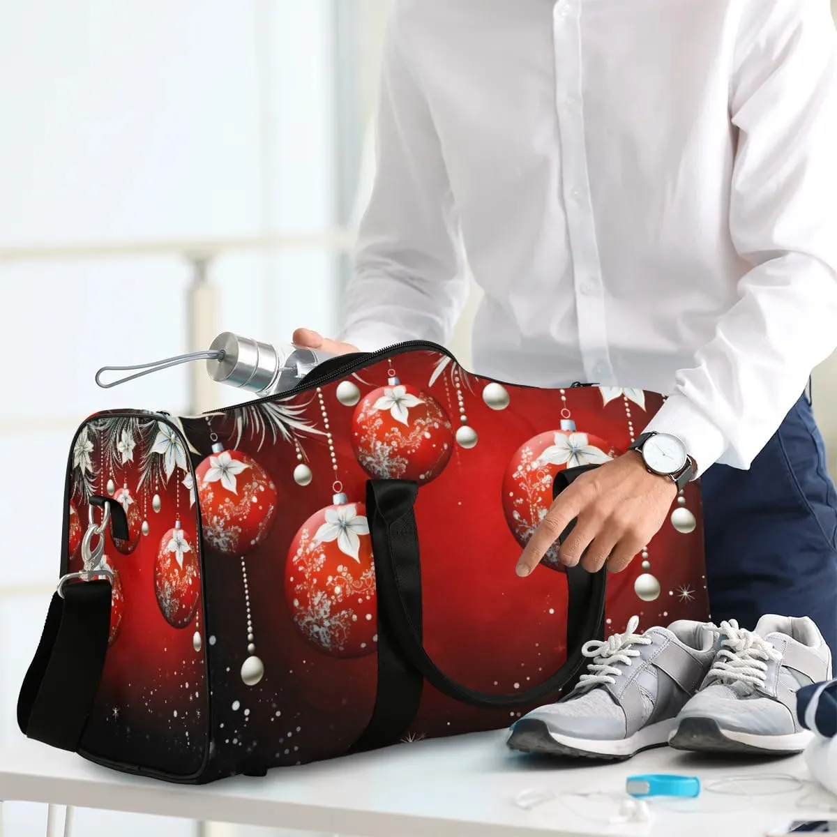 Red Christmas Tree Ball Travel Duffel Bag for Women Men Waterproof Foldable Overnight Weekender Bag Large Capacity Sports Gym Bag