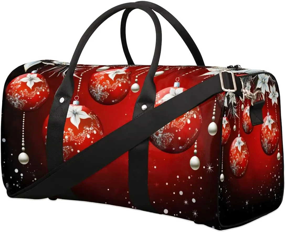 Red Christmas Tree Ball Travel Duffel Bag for Women Men Waterproof Foldable Overnight Weekender Bag Large Capacity Sports Gym Bag
