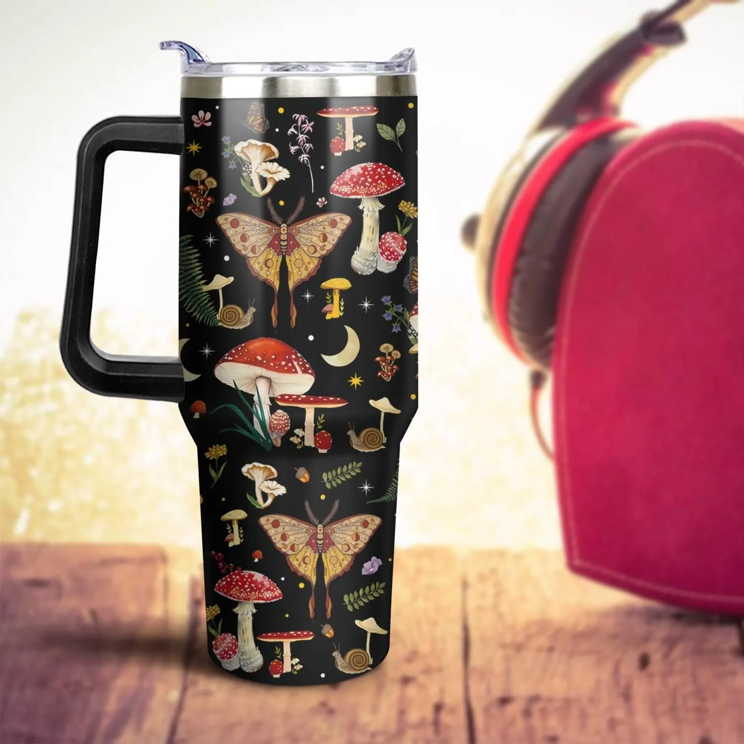Red Mushroom Gifts 40 Oz Tumbler with Handle and Lid Straw, Stainless Steel Double Walled Vacuum Insulated Cup Mug, Moth Lover Birthday Gifts for Women Men (1 PC）