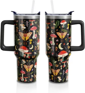 Red Mushroom Gifts 40 Oz Tumbler with Handle and Lid Straw, Stainless Steel Double Walled Vacuum Insulated Cup Mug, Moth Lover Birthday Gifts for Women Men (1 PC）