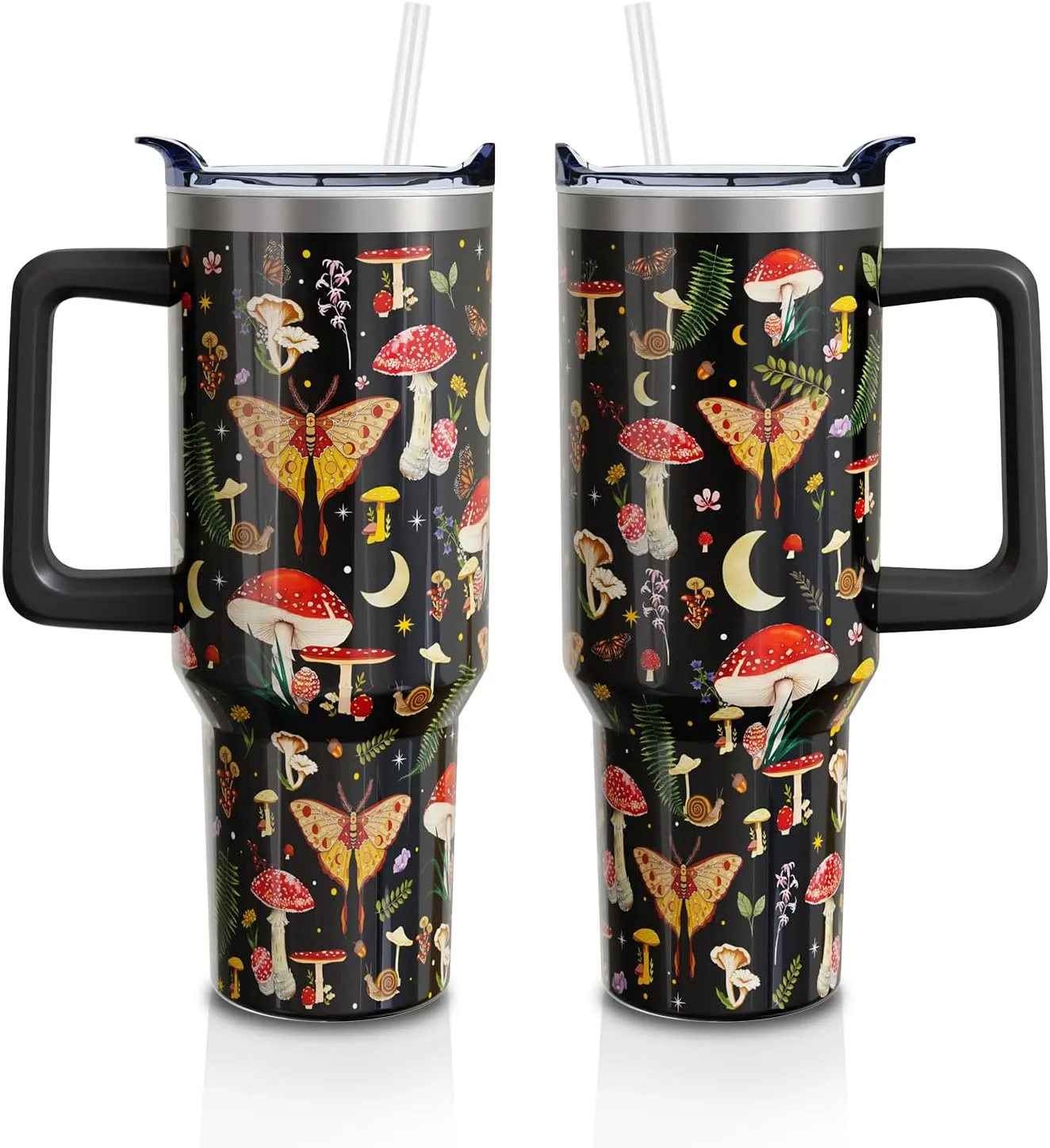 Red Mushroom Gifts 40 Oz Tumbler with Handle and Lid Straw, Stainless Steel Double Walled Vacuum Insulated Cup Mug, Moth Lover Birthday Gifts for Women Men (1 PC）