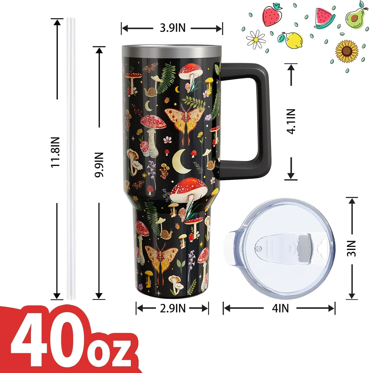 Red Mushroom Gifts 40 Oz Tumbler with Handle and Lid Straw, Stainless Steel Double Walled Vacuum Insulated Cup Mug, Moth Lover Birthday Gifts for Women Men (1 PC）