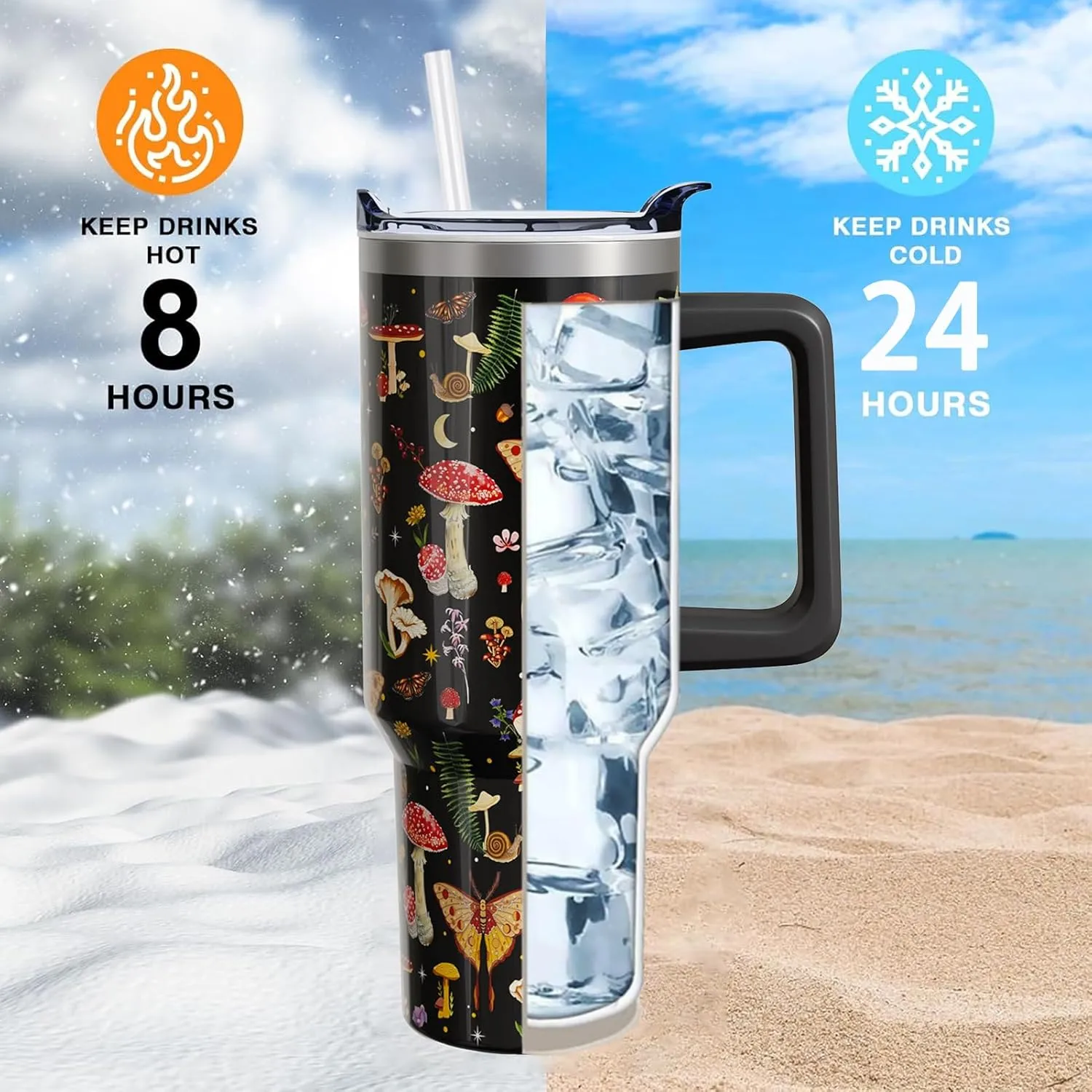 Red Mushroom Gifts 40 Oz Tumbler with Handle and Lid Straw, Stainless Steel Double Walled Vacuum Insulated Cup Mug, Moth Lover Birthday Gifts for Women Men (1 PC）