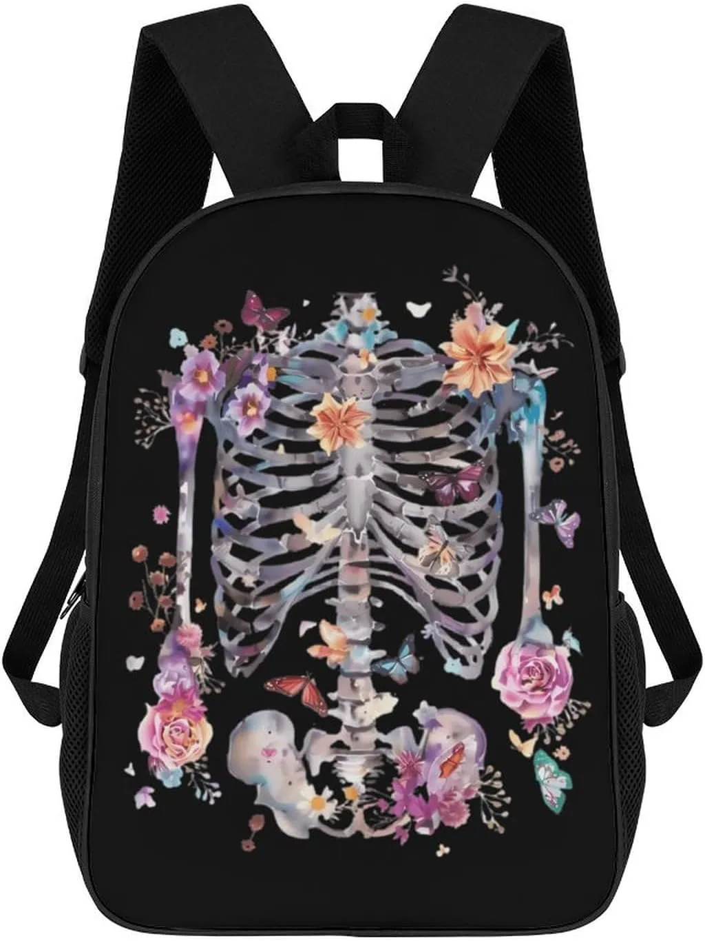 Ribcage Covered with Flowers And Butterflies Casual Travel Backpack 17 Inch Large Shoulders Daypack Large Capacity Laptop Bag for Men Women