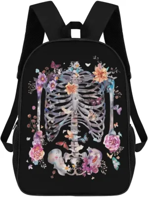 Ribcage Covered with Flowers And Butterflies Casual Travel Backpack 17 Inch Large Shoulders Daypack Large Capacity Laptop Bag for Men Women