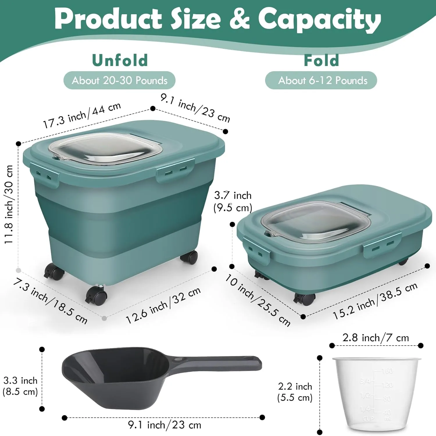 Rice Storage Container, 20Lbs Flour Container, Airtight Large Pet Dog Cat Food Storage Dispenser Bin with Wheels, Scoop & Measuring Cup, Collapsible Kitchen Dry Food Holder for Rice Cereal Kibble