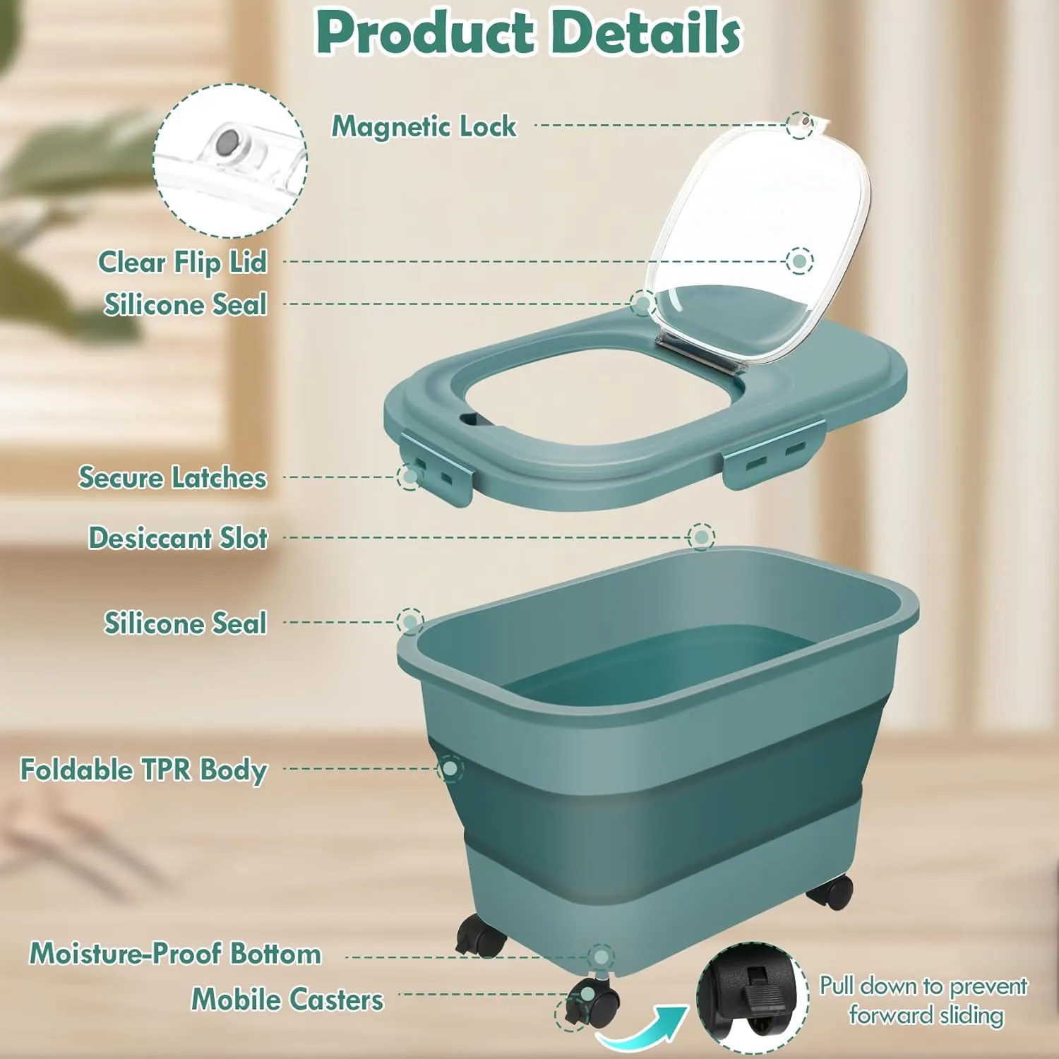 Rice Storage Container, 20Lbs Flour Container, Airtight Large Pet Dog Cat Food Storage Dispenser Bin with Wheels, Scoop & Measuring Cup, Collapsible Kitchen Dry Food Holder for Rice Cereal Kibble