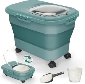 Rice Storage Container, 20Lbs Flour Container, Airtight Large Pet Dog Cat Food Storage Dispenser Bin with Wheels, Scoop & Measuring Cup, Collapsible Kitchen Dry Food Holder for Rice Cereal Kibble