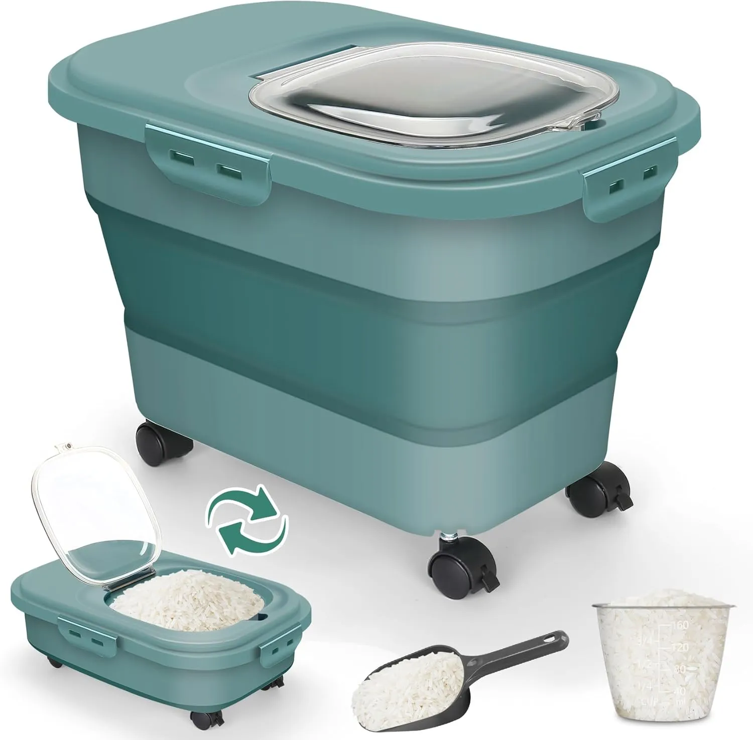 Rice Storage Container, 20Lbs Flour Container, Airtight Large Pet Dog Cat Food Storage Dispenser Bin with Wheels, Scoop & Measuring Cup, Collapsible Kitchen Dry Food Holder for Rice Cereal Kibble