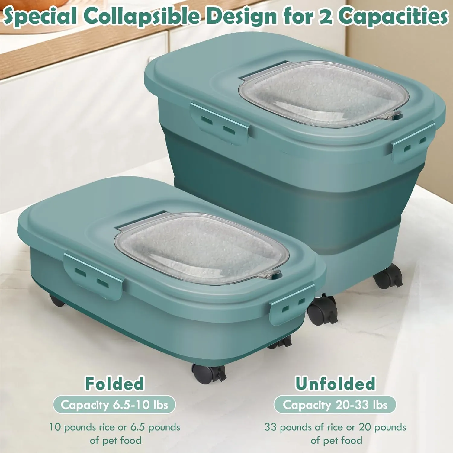 Rice Storage Container, 20Lbs Flour Container, Airtight Large Pet Dog Cat Food Storage Dispenser Bin with Wheels, Scoop & Measuring Cup, Collapsible Kitchen Dry Food Holder for Rice Cereal Kibble
