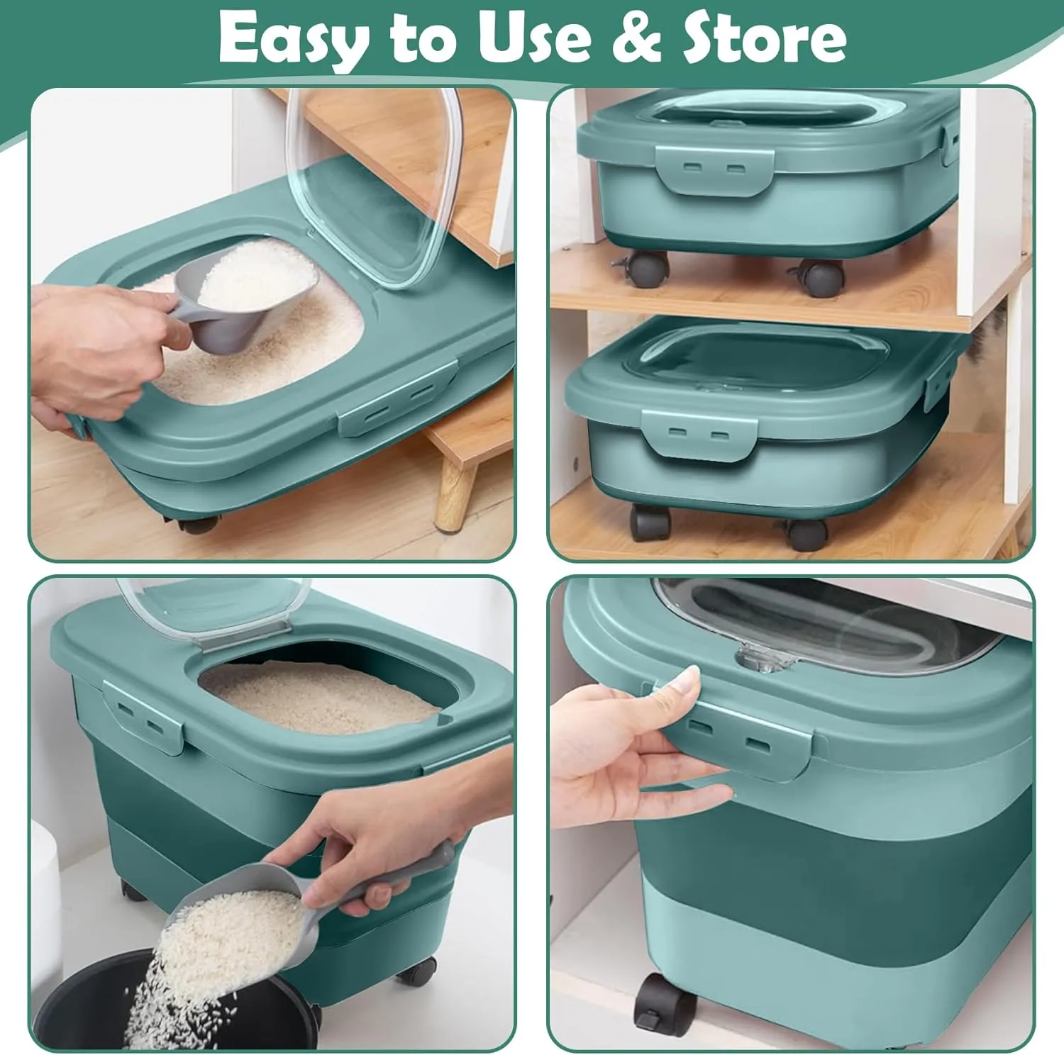 Rice Storage Container, 20Lbs Flour Container, Airtight Large Pet Dog Cat Food Storage Dispenser Bin with Wheels, Scoop & Measuring Cup, Collapsible Kitchen Dry Food Holder for Rice Cereal Kibble