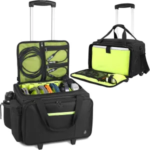 Rolling DJ Bag with Wheels, Gig bag Built-in Sturdy Support Board, DJ cable bag with Detachable Divider & Padded Shoulder Strap (Bright green, 16''×11.4''×10'')