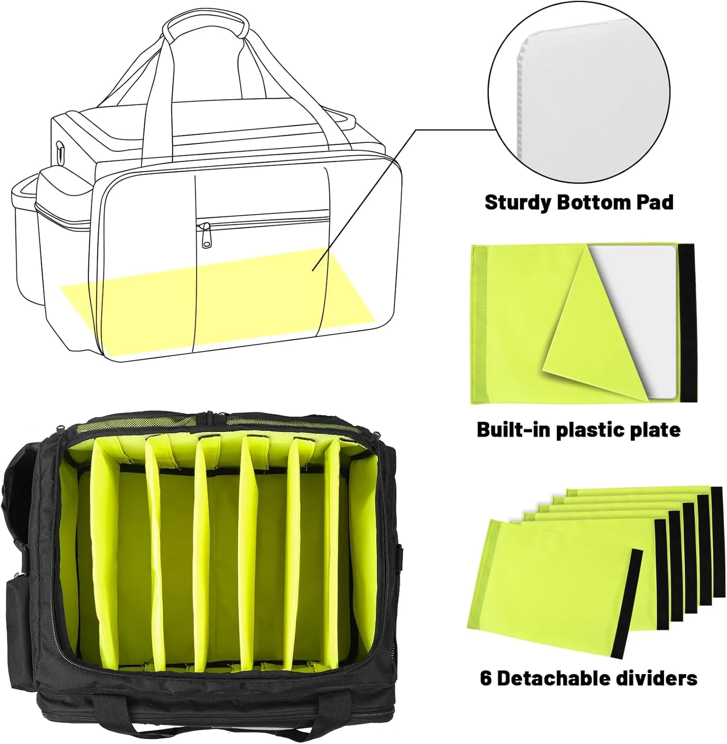Rolling DJ Bag with Wheels, Gig bag Built-in Sturdy Support Board, DJ cable bag with Detachable Divider & Padded Shoulder Strap (Bright green, 16''×11.4''×10'')