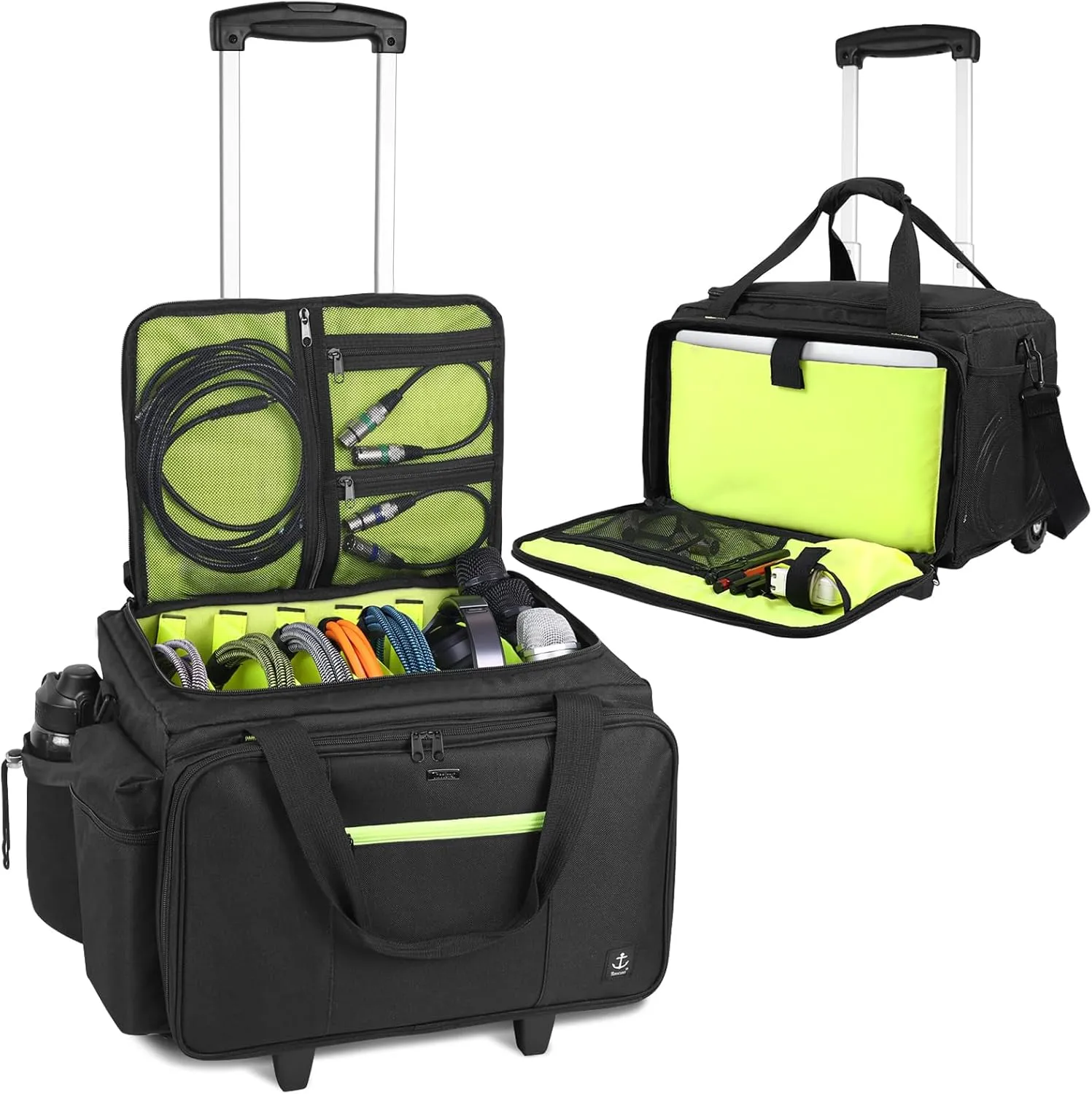 Rolling DJ Bag with Wheels, Gig bag Built-in Sturdy Support Board, DJ cable bag with Detachable Divider & Padded Shoulder Strap (Bright green, 16''×11.4''×10'')