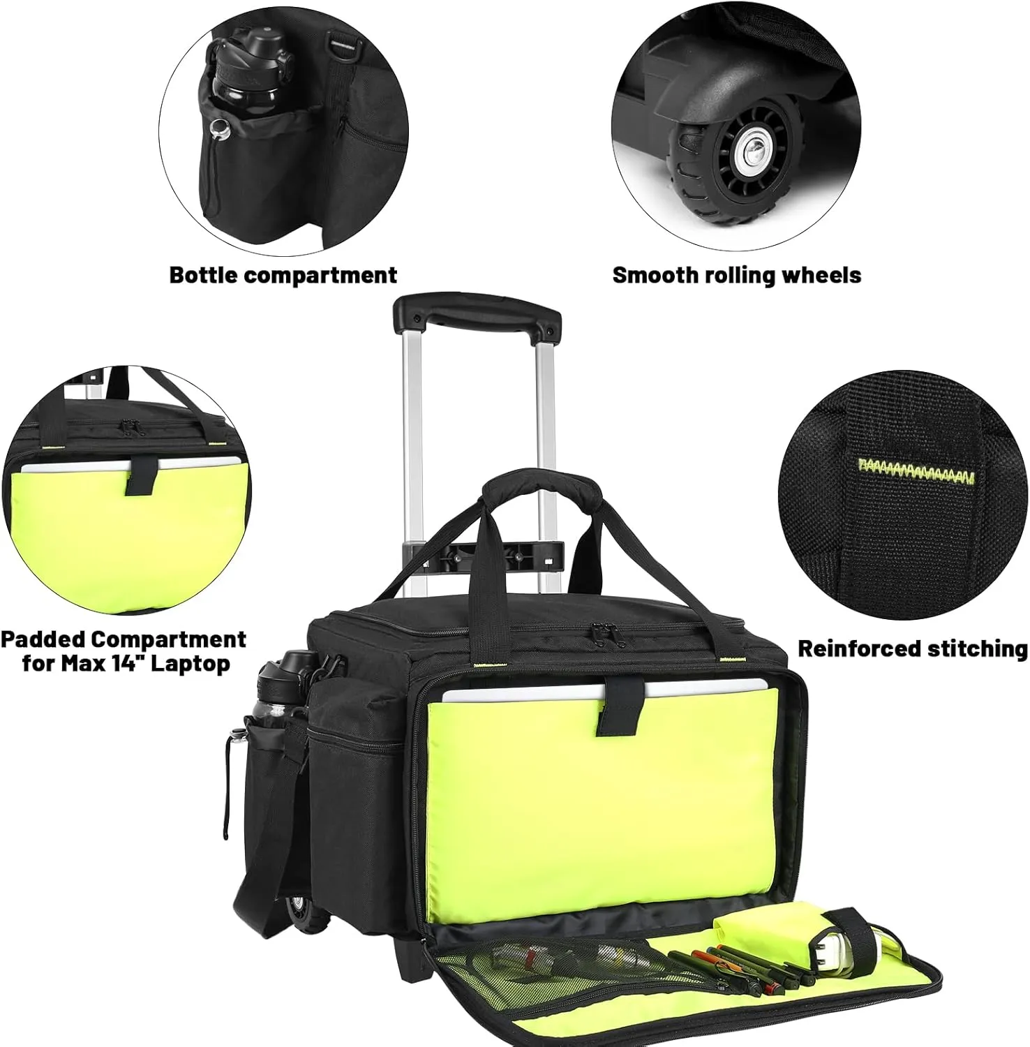 Rolling DJ Bag with Wheels, Gig bag Built-in Sturdy Support Board, DJ cable bag with Detachable Divider & Padded Shoulder Strap (Bright green, 16''×11.4''×10'')