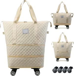 Rolling Duffel Bag with Wheels, Expandable Oxford Cloth Duffle Bag, Dry and Wet Separation Rolling Bag, Foldable Rolling Luggage Bag, Travel Duffle Bag, Weekend Bag for Travel (Beige)