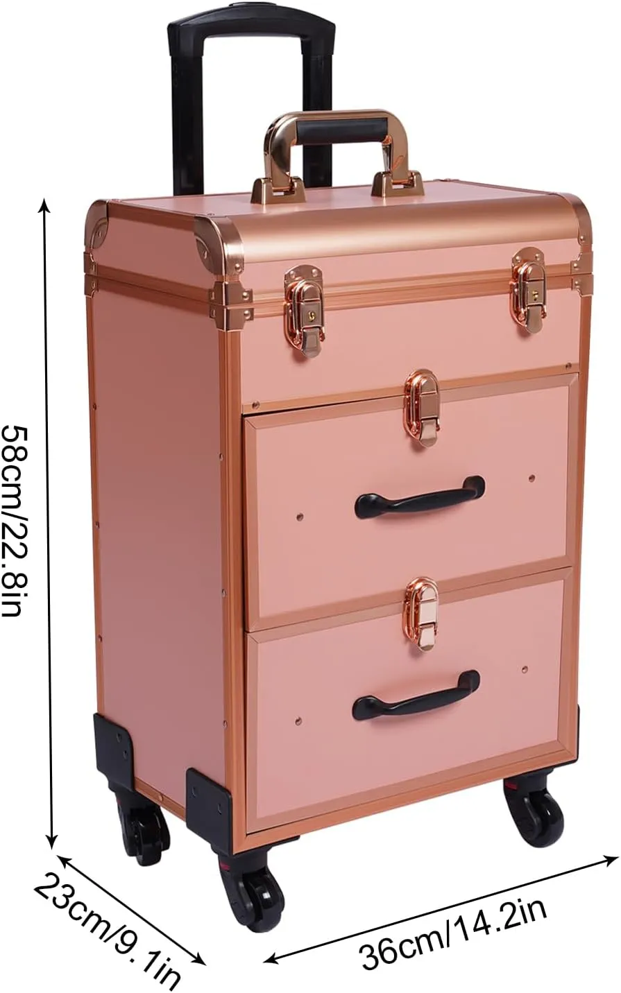 Rolling Makeup Case With 3 Layers, Large Cosmetic Trolley with Locks, Make up Bag with dividers, Travel Makeup Rolling Case for Private Homes, Parties (Gold)