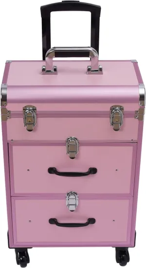 Rolling Makeup Case With 3 Layers, Large Cosmetic Trolley with Locks, Make up Bag with dividers, Travel Makeup Rolling Case for Private Homes, Parties (Pink)