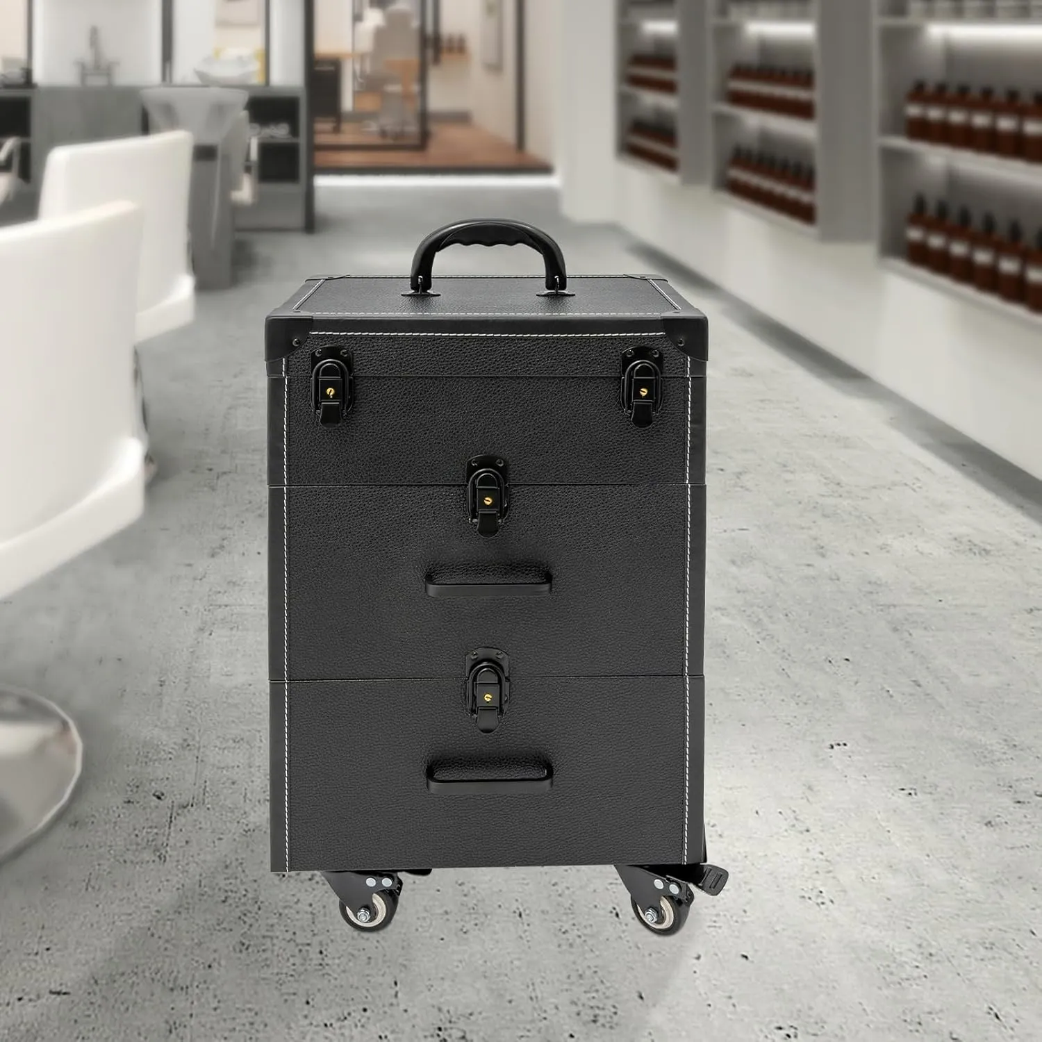 Rolling Makeup Case,3 Layers Make-up Storage on Wheels,Artist Travel Box with 4 Universal Wheels,88.2Lbs Weight Bearing Capacity,for Manicurist Artist(Black Lock Black)