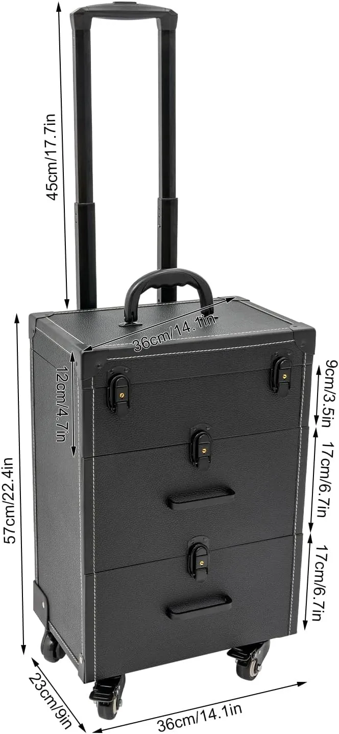Rolling Makeup Case,3 Layers Make-up Storage on Wheels,Artist Travel Box with 4 Universal Wheels,88.2Lbs Weight Bearing Capacity,for Manicurist Artist(Black Lock Black)