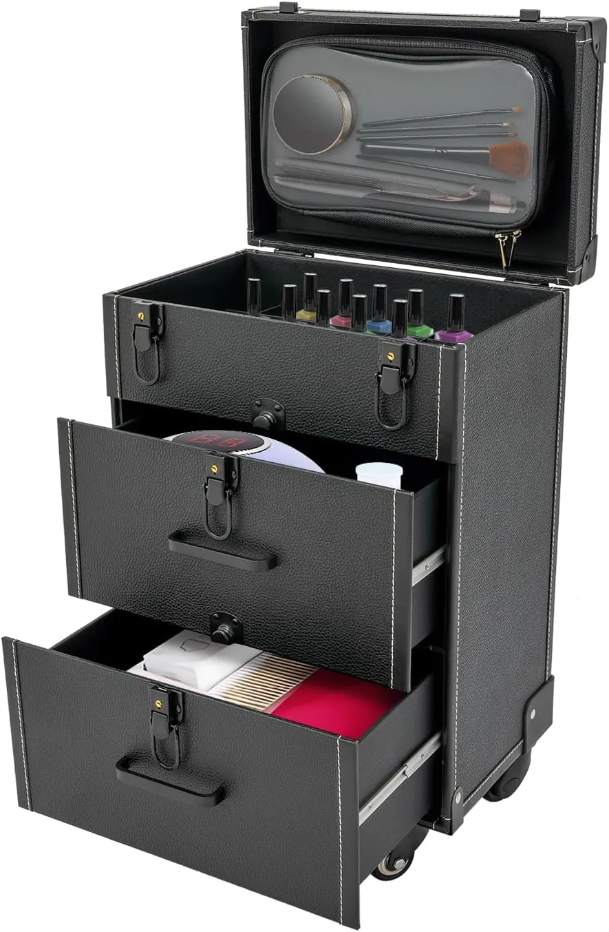 Rolling Makeup Case,3 Layers Make-up Storage on Wheels,Artist Travel Box with 4 Universal Wheels,88.2Lbs Weight Bearing Capacity,for Manicurist Artist(Black Lock Black)