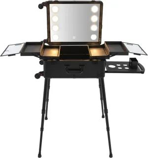 Rolling Makeup Train Case, 21'' Aluminum Trolley Makeup Train Case with LED Light & Adjustable Legs Lighted Makeup Vanity Station with 4 Removable Wheels for Professional Makeup Artists (Black)