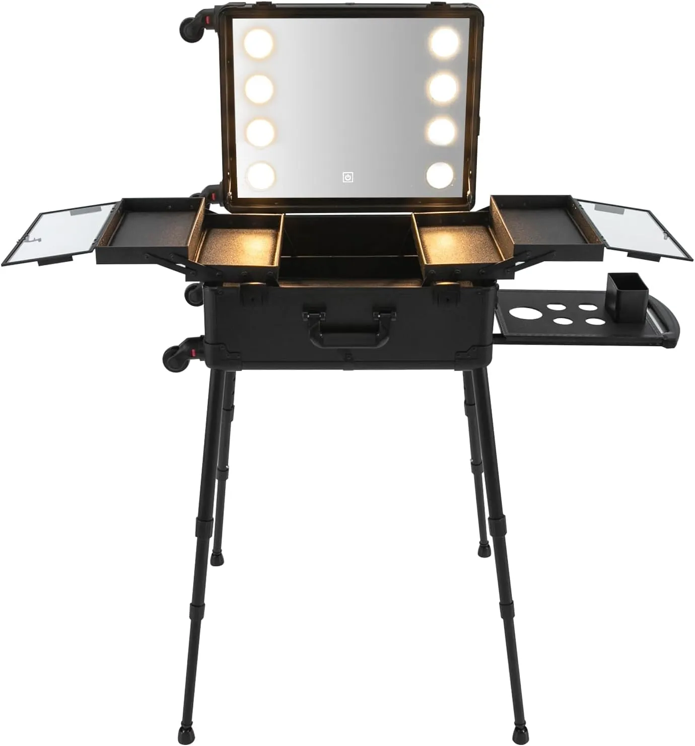 Rolling Makeup Train Case, 21'' Aluminum Trolley Makeup Train Case with LED Light & Adjustable Legs Lighted Makeup Vanity Station with 4 Removable Wheels for Professional Makeup Artists (Black)