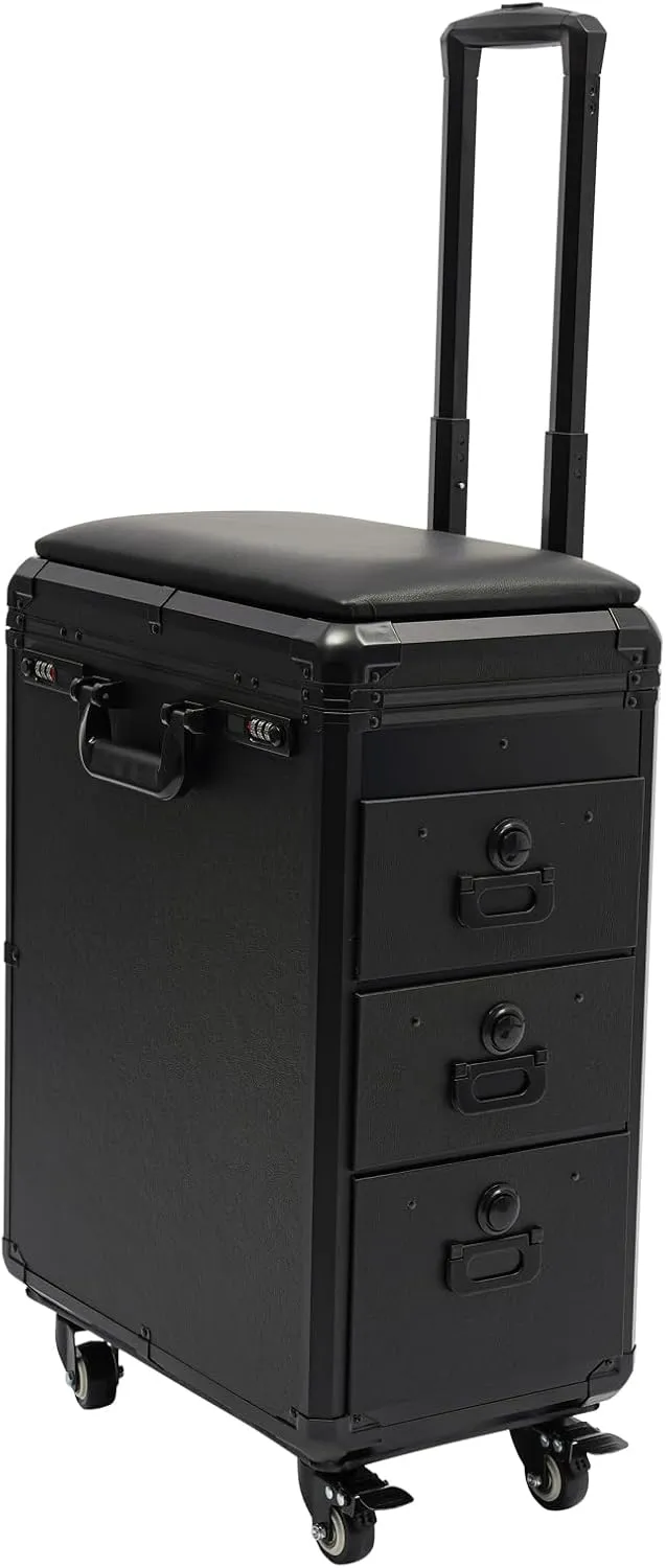 Rolling Makeup Train Case with Combination Lock & Universal Wheels, Makeup Travel Trolley with Drawer, Artist Studio Nail Polish Organizer for Make Up Hairstylists Nail Tech, Black