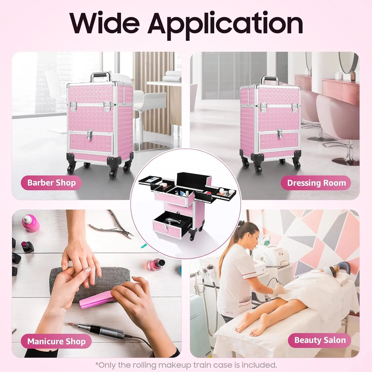 Rolling Makeup Train Case with Drawer, Professional Large Storage Cosmetic Trolley, Portable Makeup Trolley Case with Lock and Key for Hair Stylists, Pet Groomers, Artists (Pink)