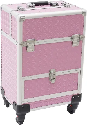 Rolling Makeup Train Case with Drawer, Professional Large Storage Cosmetic Trolley, Portable Makeup Trolley Case with Lock and Key for Hair Stylists, Pet Groomers, Artists (Pink)