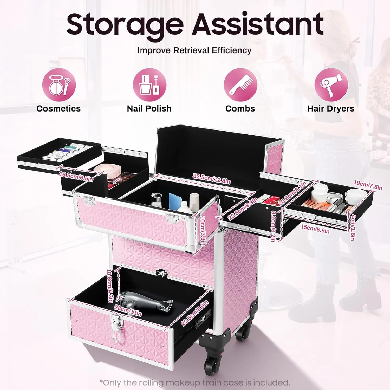 Rolling Makeup Train Case with Drawer, Professional Large Storage Cosmetic Trolley, Portable Makeup Trolley Case with Lock and Key for Hair Stylists, Pet Groomers, Artists (Pink)