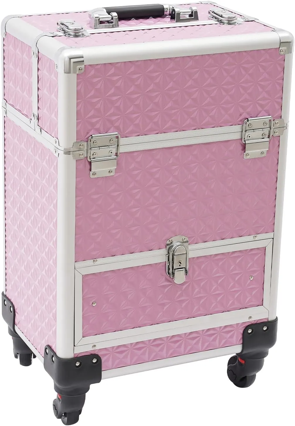 Rolling Makeup Train Case with Drawer, Professional Large Storage Cosmetic Trolley, Portable Makeup Trolley Case with Lock and Key for Hair Stylists, Pet Groomers, Artists (Pink)
