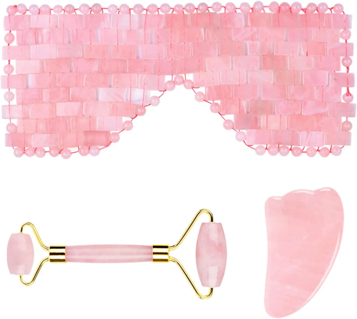Rose Quartz Roller Gouache Scraper Face Eye Mask for Face Lifting Natural Crystal Facial Massager Beauty Care Tool,3in1 Set-Pu-YL
