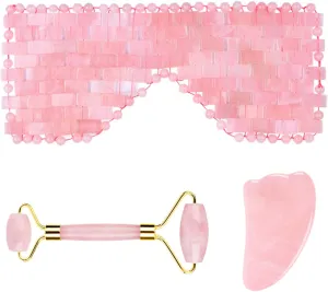 Rose Quartz Roller Gouache Scraper Face Eye Mask for Face Lifting Natural Crystal Facial Massager Beauty Care Tool,3in1 Set-Pu-YL